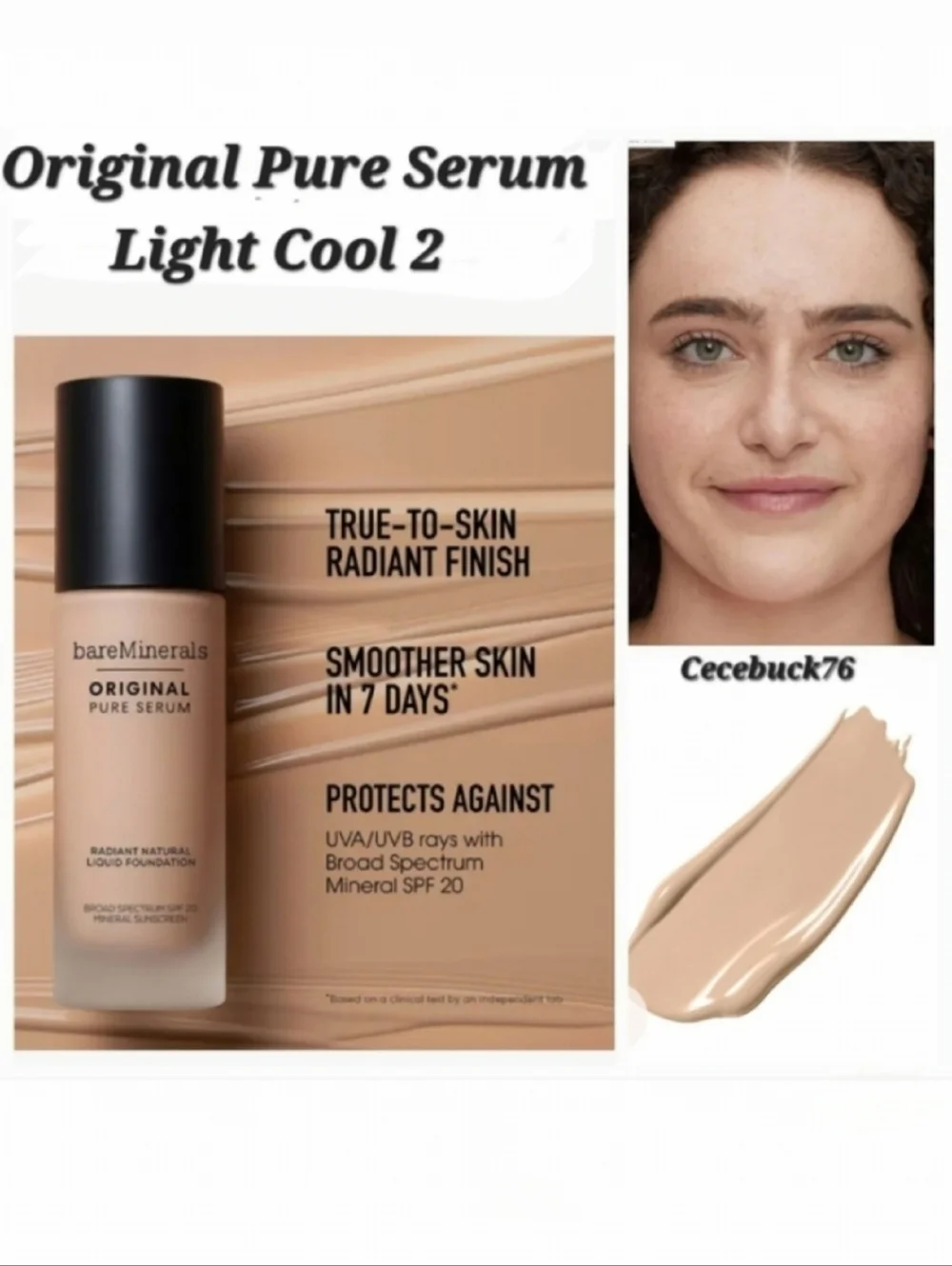 🌺BareMinerals Light Cool 2 Original Pure Serum Radiant Liquid Foundation